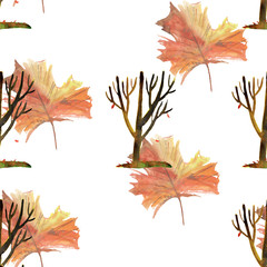 Seamless pattern illustration with autumn leaves, branches and trees isolated on white background