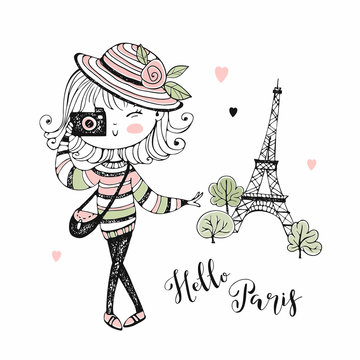 Cute girl with a camera in Paris. Travel. Vector.