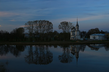 Fototapeta na wymiar Vologda spring river church, landscape in Russia province city of Vologda