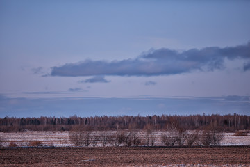 winter rural landscape, panoramic view seasonal january