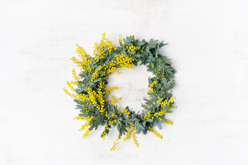 Beautiful Australian native yellow wattle/acacia flower wreath, photographed from above, on a white rustic background. Know as Acacia baileyana or Cootamundra wattle.