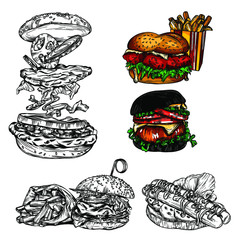 Vector illustrations in sketch style with detailed drawing of fast food, rolls and other food. High-quality detailed drawing of all elements.