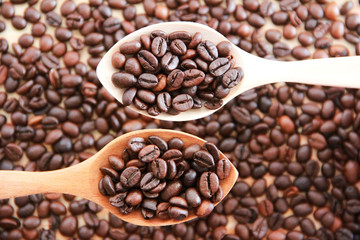 natural black coffee beans in a wooden spoon