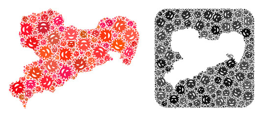 Pandemic virus map of Saxony State collage designed with rounded square and hole. Vector map of Saxony State collage of flu viral parts in various sizes and color hues.