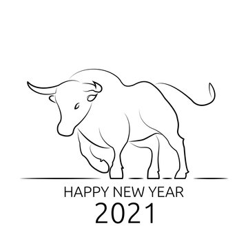 Metal bull symbol of new year 2021. Line logo for greeting cards, posters, banners, Chinese calendars. Black beautiful ox on a white background. Vector