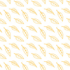 Seamless pattern of contoured leaves isolated, orange outline in doodle style. Simple vector autumn texture for fabric, invitations, home textiles