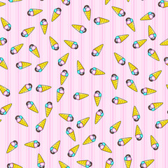 Ice cream seamless pattern on white background. Paper print design. Abstract retro vector illustration. Trendy textile, fabric, wrapping. Modern space decoration.