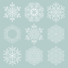 Set of vector white snowflakes. Fine winter ornaments. Snowflakes collection. White snowflakes for backgrounds and designs