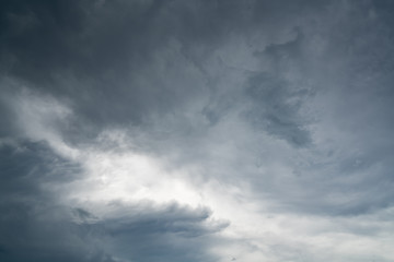 Dark dramatic sky and clouds. Background for death and sad concept. Gray sky and fluffy white clouds. Thunder and storm sky. Sad and moody sky. Nature background. Dead abstract background. Cloudscape.