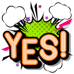 Yes- retro  popart style lettering with shadows on a white background.