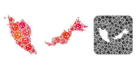 Sick virus map of Malaysia mosaic designed with rounded square and subtracted shape. Vector map of Malaysia composition of evil virus particles in variable sizes and shades.
