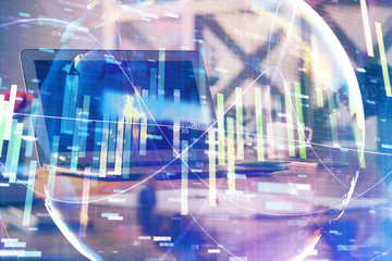 Multi exposure of business theme icons and table with computer background. Concept of success.