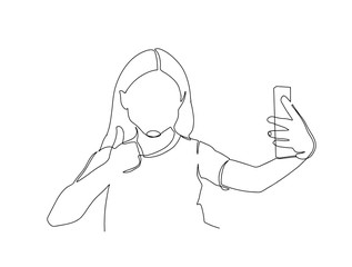 Young girl taking selfie continuous one line drawing. Kid take a picture using mobile phone or smartphone. Vector minimalism design hand drawn sketch lineart