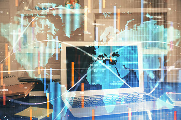 Multi exposure of business theme icons and table with computer background. Concept of success.