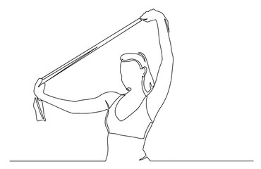 Portrait of woman in sportswear exercises with resistance band. Continuous line drawing. Fitness female model doing stretching workout.. concept of woman holding resistance band at fitness studio
