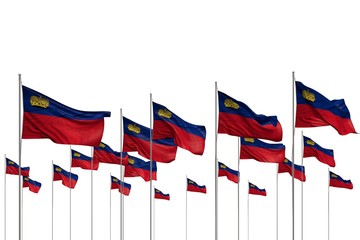 beautiful holiday flag 3d illustration. - many Liechtenstein flags in a row isolated on white with empty space for content