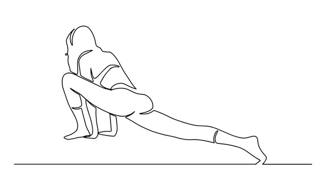 Continuous line drawing of women fitness yoga. concept of health illustration. One continuous drawn line of yoga drawn from the hand picture silhouette. Woman stretching legs fitness. Vector
