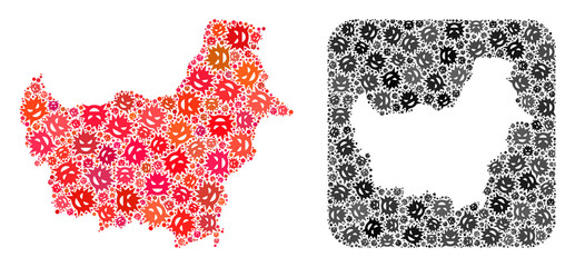 Flu virus map of Borneo Island collage created with rounded square and subtracted space. Vector map of Borneo Island composition of pandemic virus ojects in different sizes and color tints.