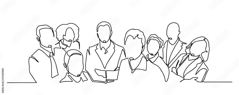 Wall mural continuous drawing of a business team standing together. continuous line drawing of a diverse crowd  - Wall murals