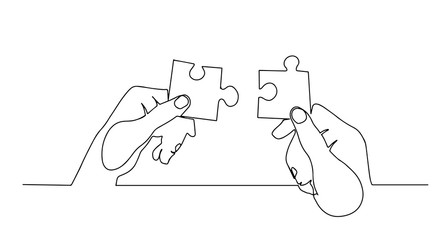 continuous line drawing of hands solving jigsaw puzzle minimalist design. Continuous line drawing hand solving puzzle. Hands connecting jigsaw puzzle. Line drawing vector illustration