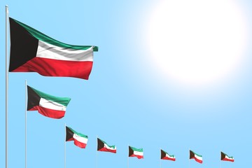 pretty many Kuwait flags placed diagonal on blue sky with place for your text - any holiday flag 3d illustration..