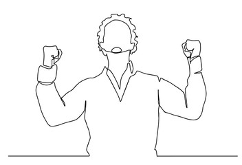 continuous line drawing of cheering man holding fists. Happy young man celebrating success one line drawing. Vector illustration