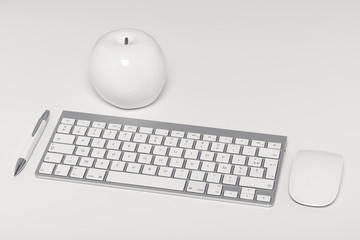 Clavier, souris d'ordinateur sans fil et stylo sur fond blanc © P.E Faivre