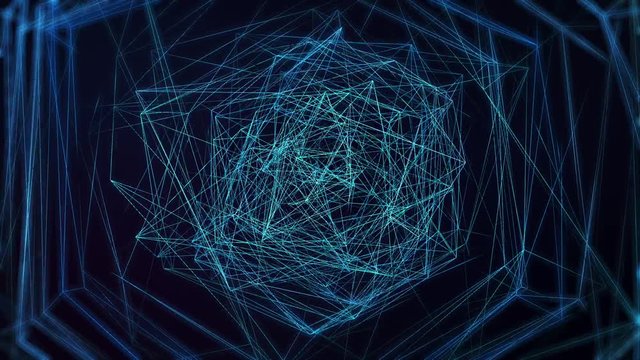 3d Render Geometric Background Animation with Blue Swirling Triangle Design. Abstract Polygonal Pattern Motion Graphics Concept. Seamless Loop.