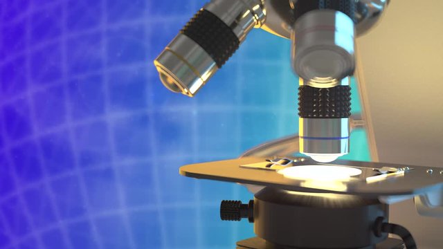 Medical scientific microscope on blue rotating planet digital background 4K 60fps UHD 3D animation