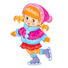 cute girl in shark and fur coat skates, cartoon illustration, postcard, isolated object on white background vector,