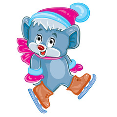cute blue mouse character in hat and scarf is skating, cartoon illustration, postcard, isolated object on a white background vector,