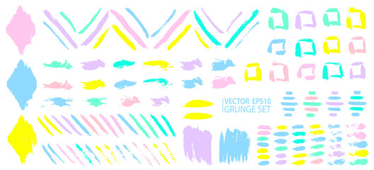 Grunge design elements set. Grunge shapes collection for patterns or backdrops. Grungy splatter. Paint stains. Quirky scribbles. Grungy ink spots and drops.