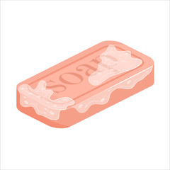 A piece of soap with foam in the isometry is isolated on a white background. Soap with an inscription in a flat style. Means for personal hygiene and hand protection during a pandemic.