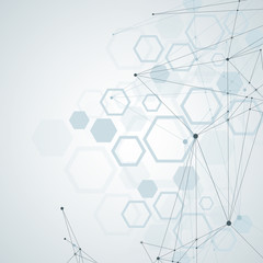 Abstract polygonal background with connected lines and dots. Minimalistic geometric pattern. Molecule structure and communication. Graphic plexus background. Science, medicine, technology concept.