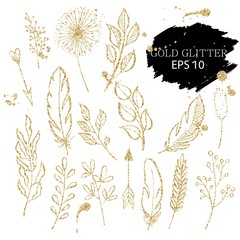 Hand drawn golden glitter sketch floral elements, arrows, stains and splashes. Vector set.