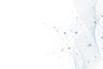 Scientific molecule background with flow waves for medicine, science, technology, chemistry. Wallpaper or banner with a DNA molecules. Geometric dynamic linear waves illustration.