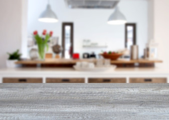 blurred kitchen interior and desk space home background