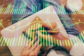 Writing human hands with data theme multi exposure icons.