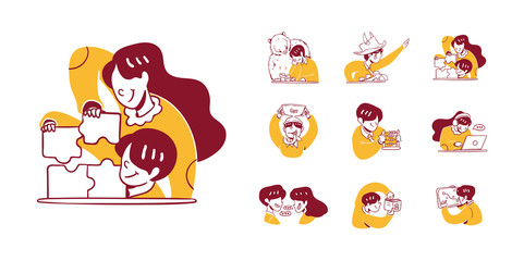 9 Business and Finance Icon Illustration in Outline Hand Drawn Design Style. Man, Woman solving puzzle, analyse, increase, decrease, bull, bear market, abacus, working, laptop, discuss, chart