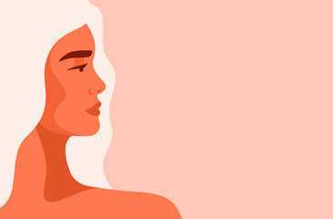Side view face of a young strong Caucasian woman with blond hair. Concept of fighting for equality and women empowerment movement. Vector horizontal banner.