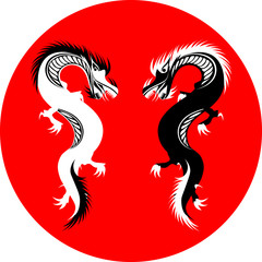 two black and white dragons on red circle