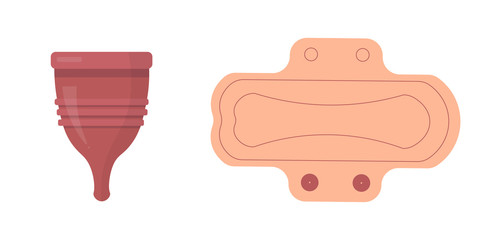 Set of hygiene product for women. Eco friendly periods alternatives concept. Menstrual cup and reusable pad in vector flat style.