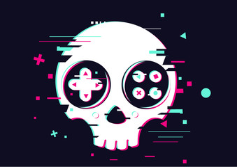 Game over glitchy sign with skull and gamepad. Video game symbol. Gamer poster. © ne2pi