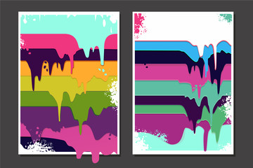 Posters set with oil paint splashes. Graffiti style borderon isolated background. Grunge vector backdrop with spray splashes.