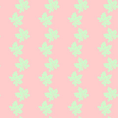 Seamless pattern of silhouette maple leaves isolated on light pink background. Simple pastel vector texture for fabric, invitations, home textiles. Concept of autumn, forest, leaf fall