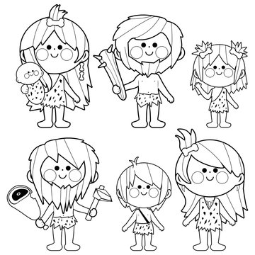Cavemen people. Vector black and white coloring page