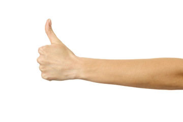 Thumb up. Woman hand gesturing isolated on white