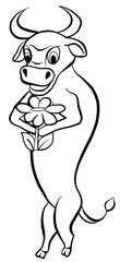 Cute cartoon bull holds a flower sketch on a white background. Isolated object