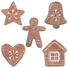 Watercolor Christmas set with toys, gingerbread, gifts. Illustration for new year isolated on white background. Santa Claus, gingerbread, snowman, heart, candy, horse.