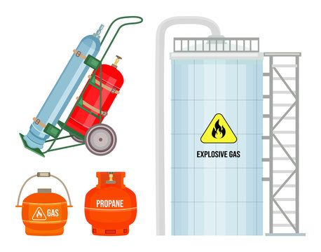 Set of gas cylinder vector tank. Propane bottle icon container. Oxygen gas cylinder canister fuel storage. Balloon with flammable sign. Oil fuel metal safety. Safe butane and propane, oxygen equipment